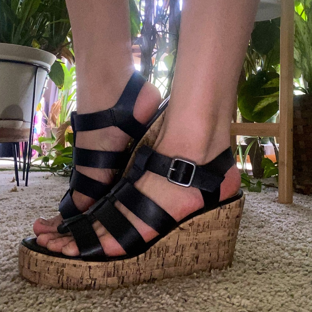 Size 6.5 strappy cork wedges in black from Unr8ed - Worn once for photo